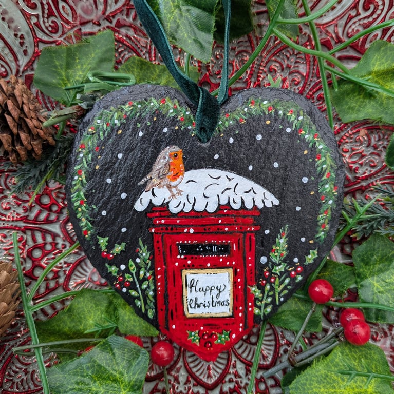 Robin and Post Box hand-painted slate heart