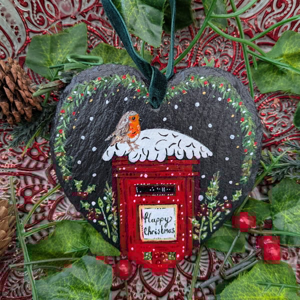 Robin and Post Box hand-painted slate heart