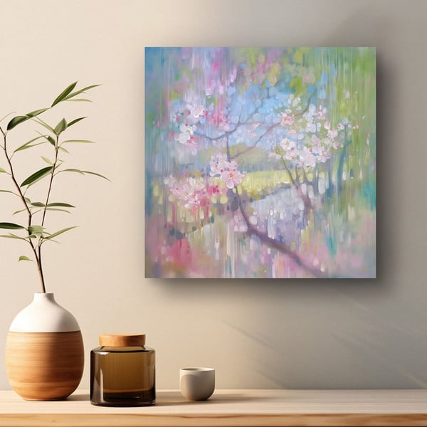 April Shimmers is a painting of an apple blossom tree by a river in spring