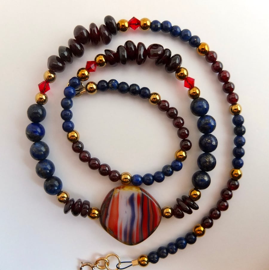 Lapis Lazuli And Garnet Necklace With Swarovski Crystals - Handmade In Devon.