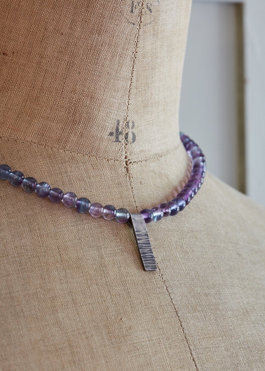 Rainbow Fluorite Bead Necklace with Sterling Silver Bark Pendant, Oxidised