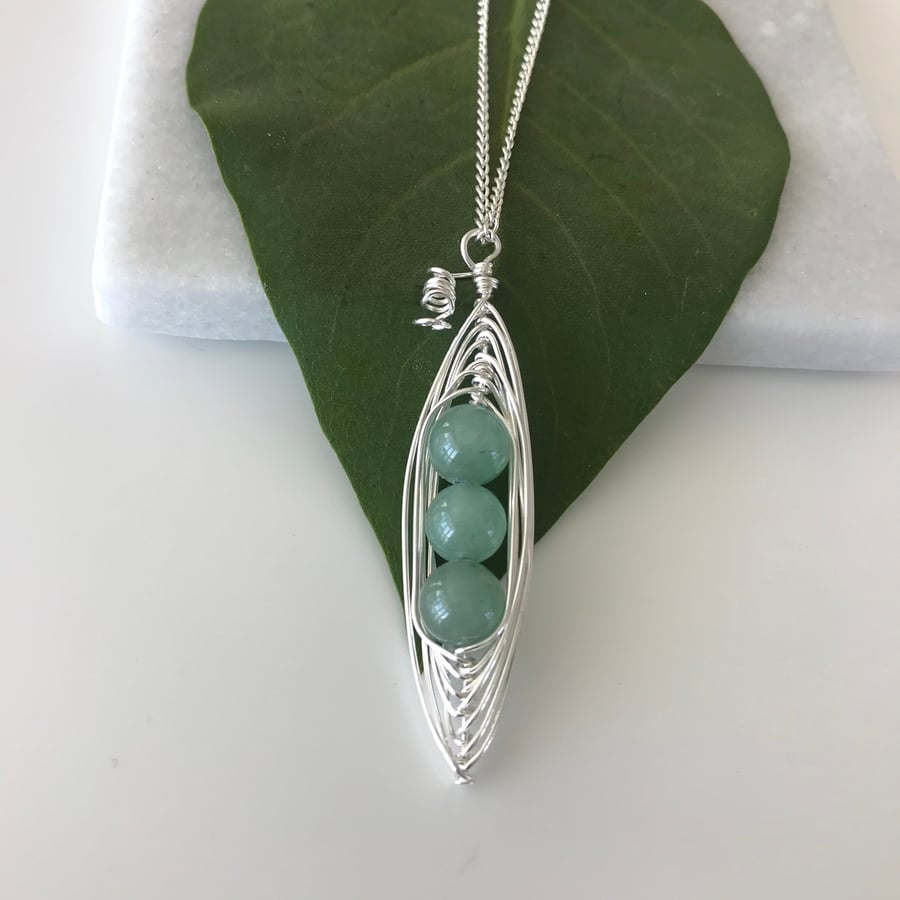 Handmade pea pod necklace with Jade beads