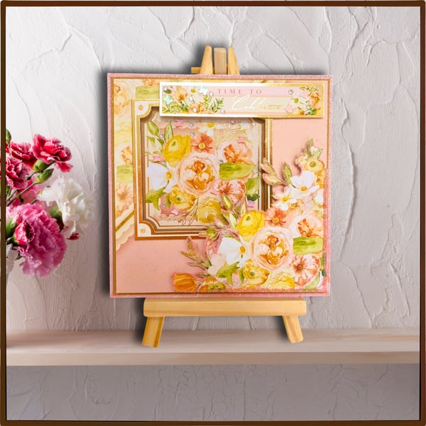 "Time To Celebrate" Floral Greeting Card Keepsake, Blank with embellishments