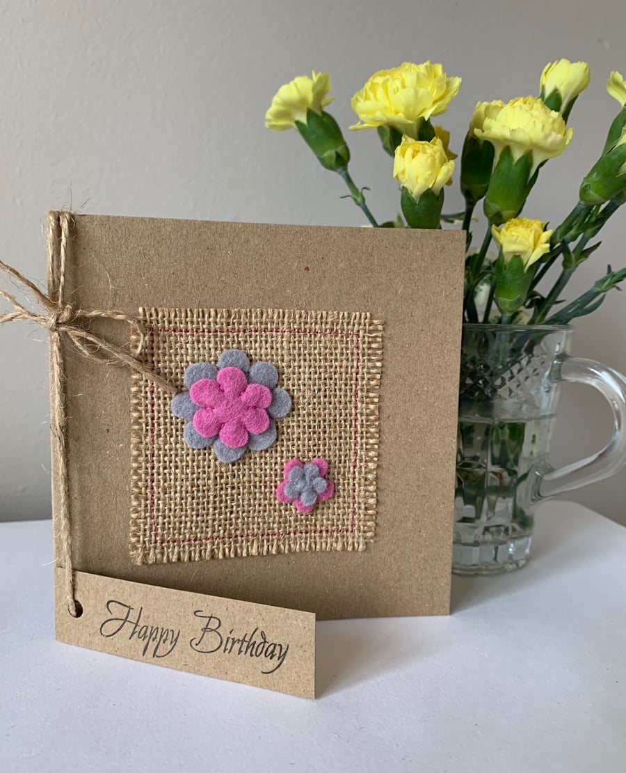 Birthday Card. Rose pink and grey flower, wool felt. Handmade 