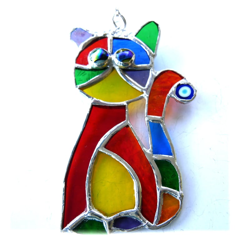 Cat Suncatcher YellowTum Stained Glass Rainbow Picasso Patchwork 024