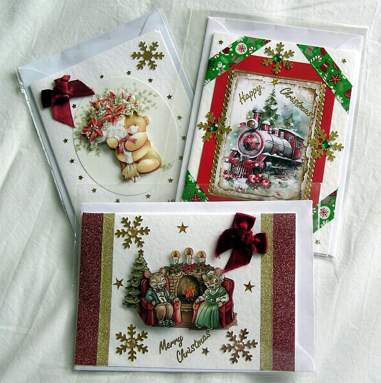 Set of 3 (Three) Beautiful Hand-Crafted Christmas Decoupage Greeting Cards (b)
