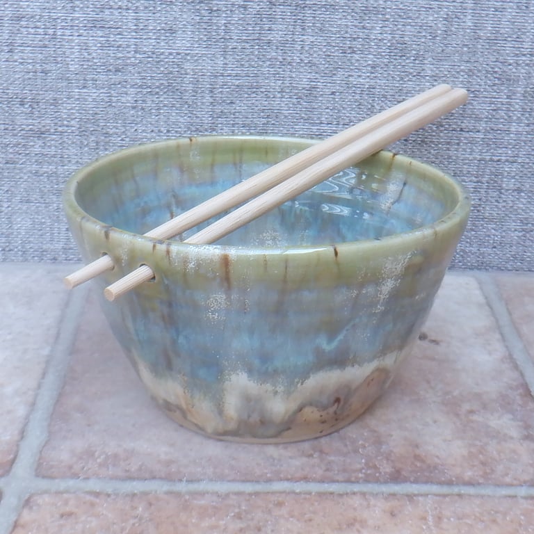 Hand thrown stoneware ceramic ramen noodle bowl cappucino and sage green glazes