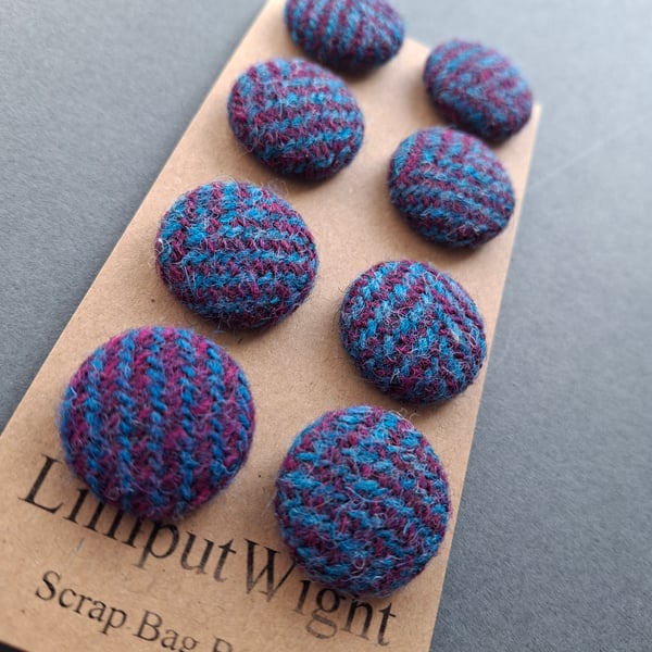 Set of eight scrap bag buttons - blue and purple Harris Tweed