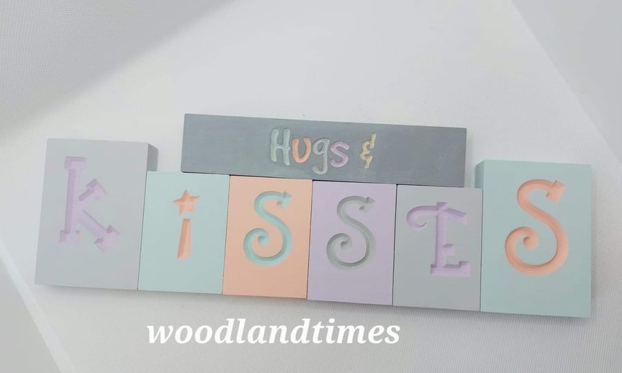 Hugs and kisses blocks, home decor, wooden decor, nursery decor, freestanding,