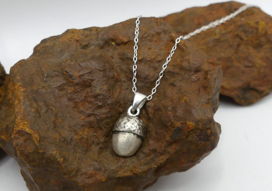 Recycled Sterling Silver Real Acorn Mould Pendant Necklace.