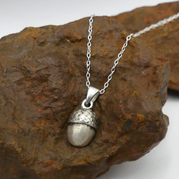 Recycled Sterling Silver Real Acorn Mould Pendant Necklace.