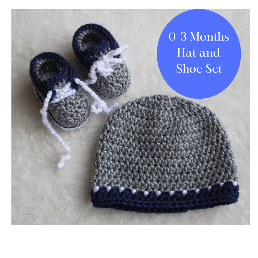Baby Beanie Hat and Shoe Set - 0-3 Months - Baby Boy - New Baby Gift