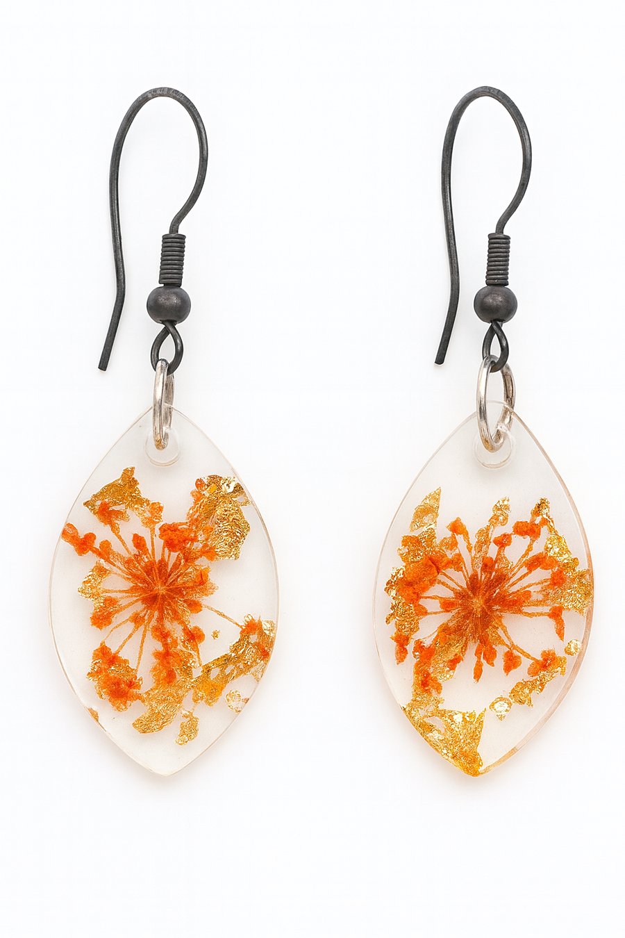 Teardrop Resin Flower Earrings – Real Orange Blooms & Gold Leaf Drops