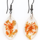 Teardrop Resin Flower Earrings – Real Orange Blooms & Gold Leaf Drops