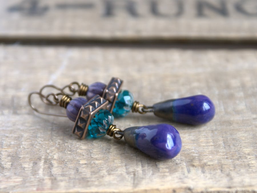 Purple & Teal Ceramic Drop Earrings