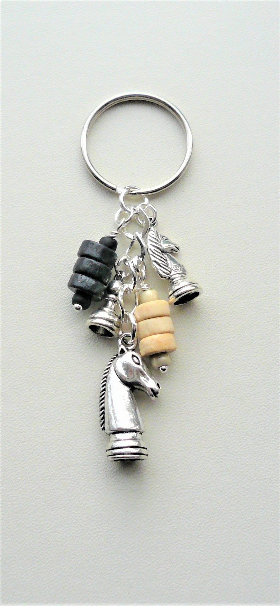 Cream Black and Silver Chess Piece Keyring or Bag Charm   KCJ2042