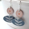 Flower and leaf earrings in peach and grey
