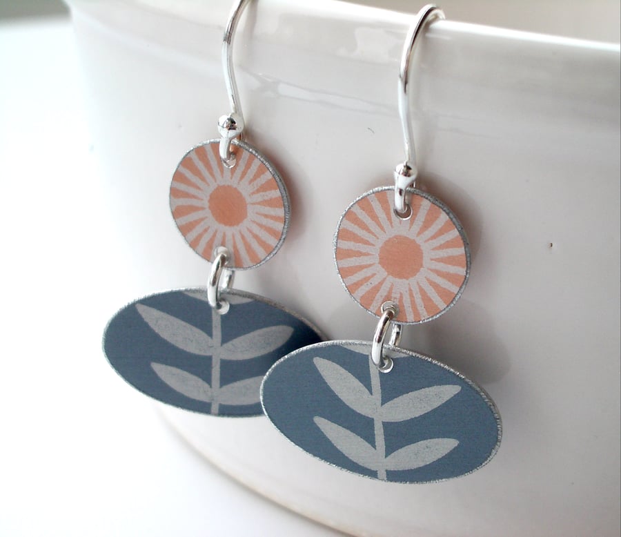 Flower and leaf earrings in peach and grey