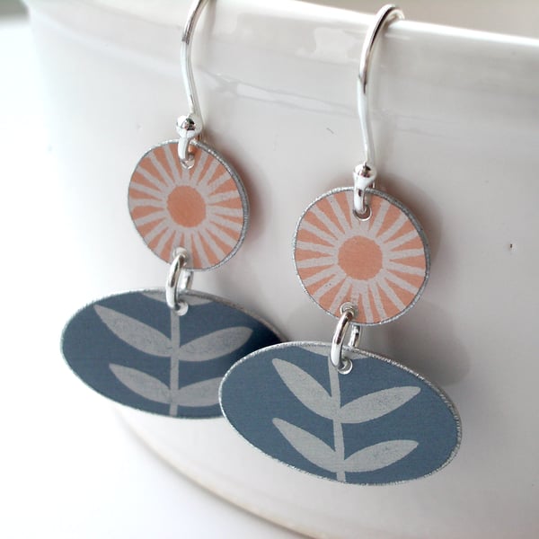 Flower and leaf earrings in peach and grey