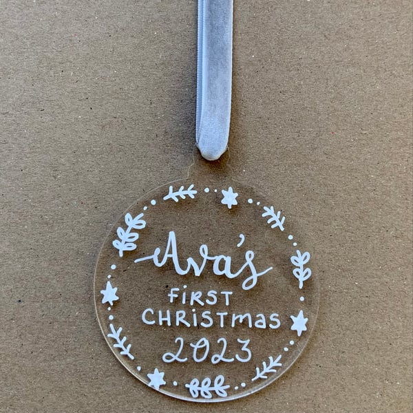 Personalised first Christmas hand illustrated decoration