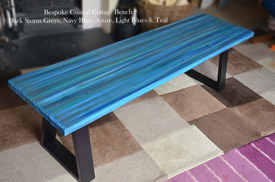 Coastal Cottage Wood Bench Hand Painted Dark Storm Greys Blues & Teals 