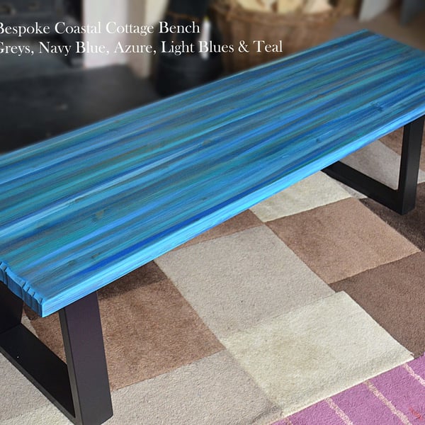 Coastal Cottage Wood Bench Hand Painted Dark Storm Greys Blues & Teals 
