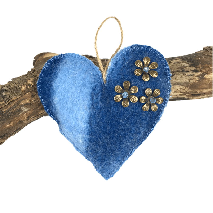 Felted, padded heart in blue shades of merino wool