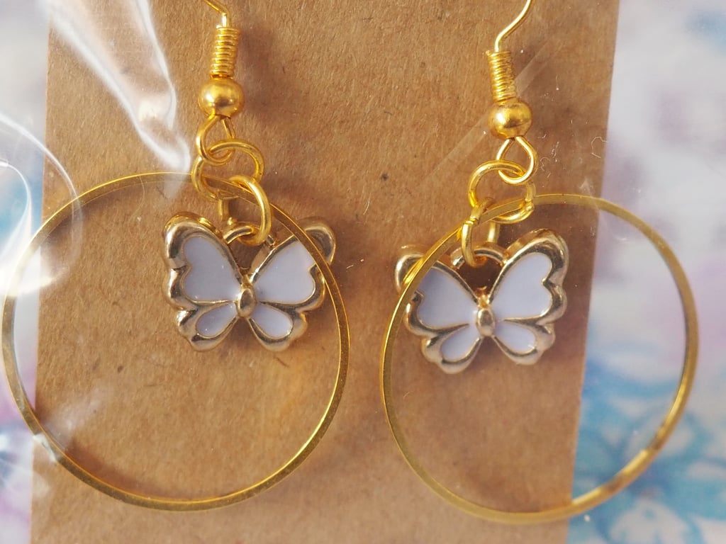 Gold Earrings with Lilac Butterfly Charms and Large Circles 
