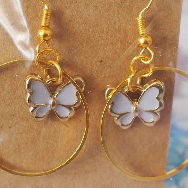 Gold Earrings with Lilac Butterfly Charms and Large Circles 