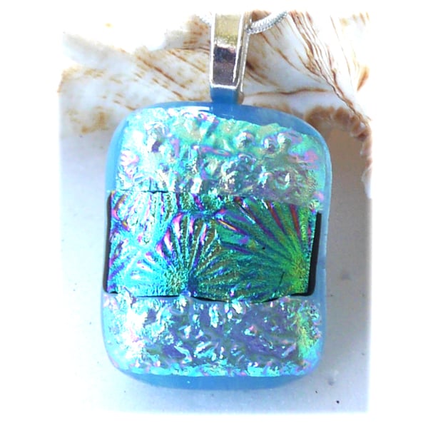 Dichroic Glass Pendant 172 Teal Sparklel Handmade with silver plated chain