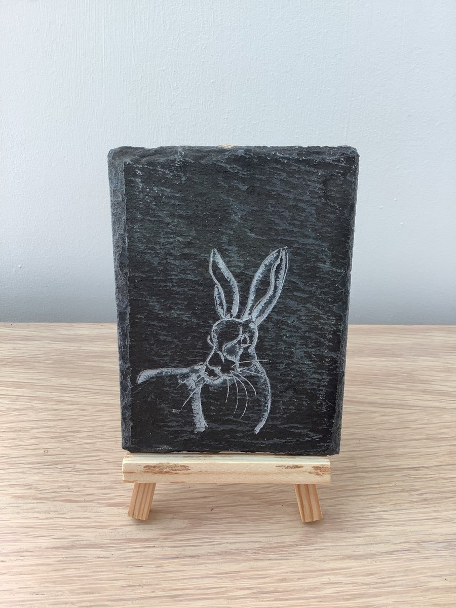 Hare in field - original art hand carved on slate