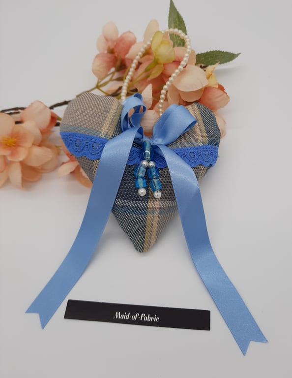 Blue  tartan heart hanger, home decoration with beaded detail