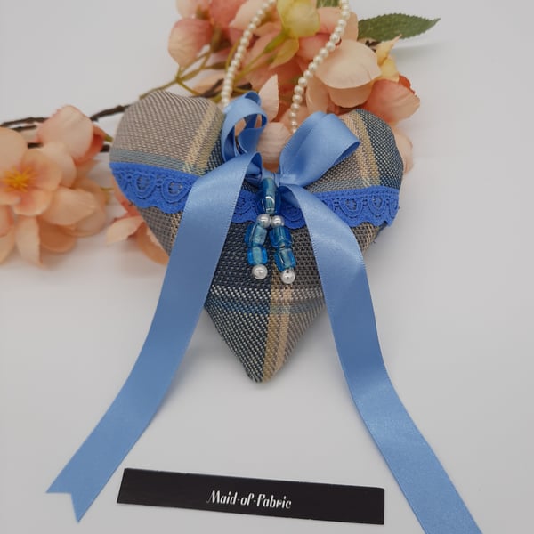 Blue  tartan heart hanger, home decoration with beaded detail