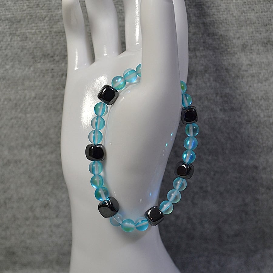 Blue Mermaid Glass Bead and Hematite Cube Elastic Bracelet