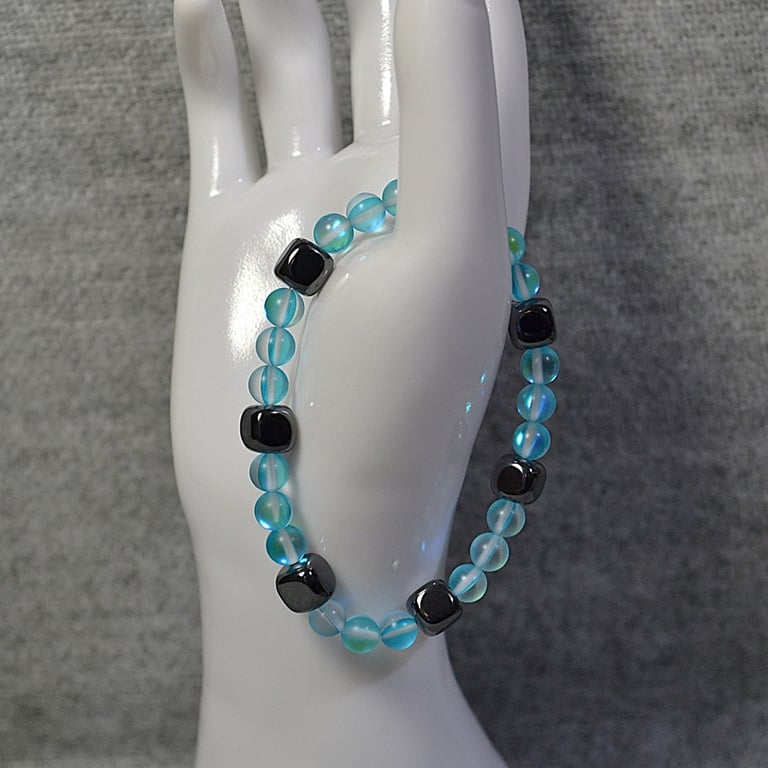 Blue Mermaid Glass Bead and Hematite Cube Elastic Bracelet