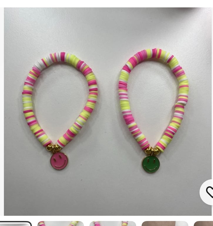 2 clay Bead Strawberry Kiwi Bracelets with Pink, Lime & Green Smiley Face Charm