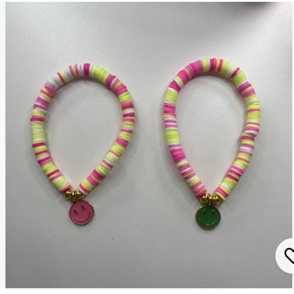 2 clay Bead Strawberry Kiwi Bracelets with Pink, Lime & Green Smiley Face Charm