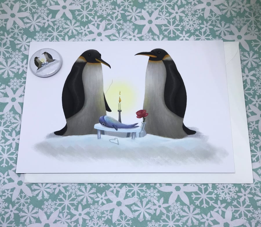 Penguins Blank & Greeting Card and Mini Badge Set