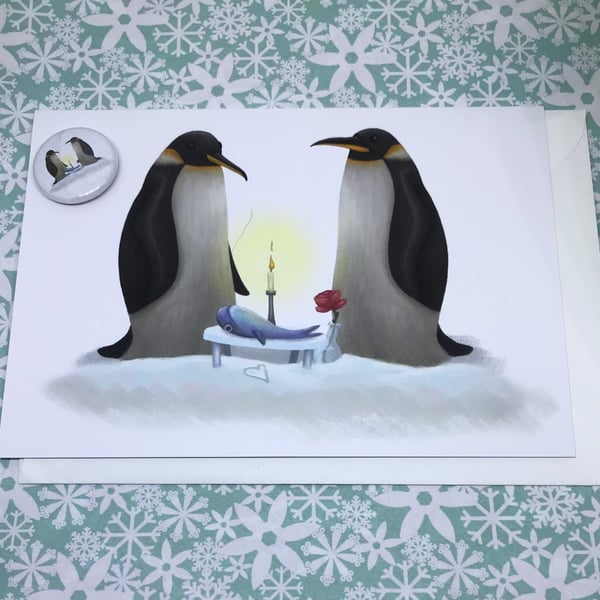 Penguins Blank & Greeting Card and Mini Badge Set