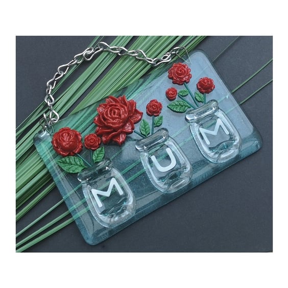 Handmade Fused Glass MUM Vase with Roses Hanging Picture Decoration - Suncatcher