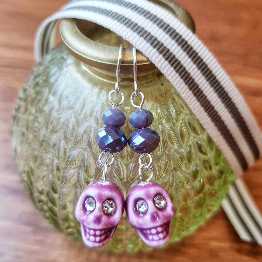 Purple Ceramic and Crystal Skull Dangle Earrings