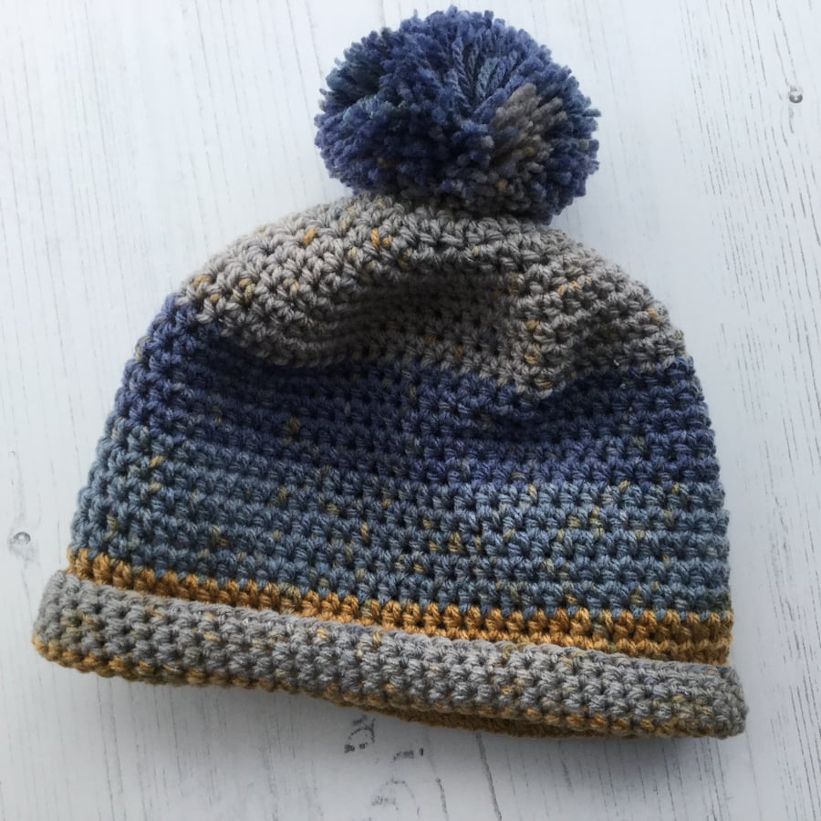Crochet Pompom Bobble Hat for Toddler in Blue, Grey & Tan