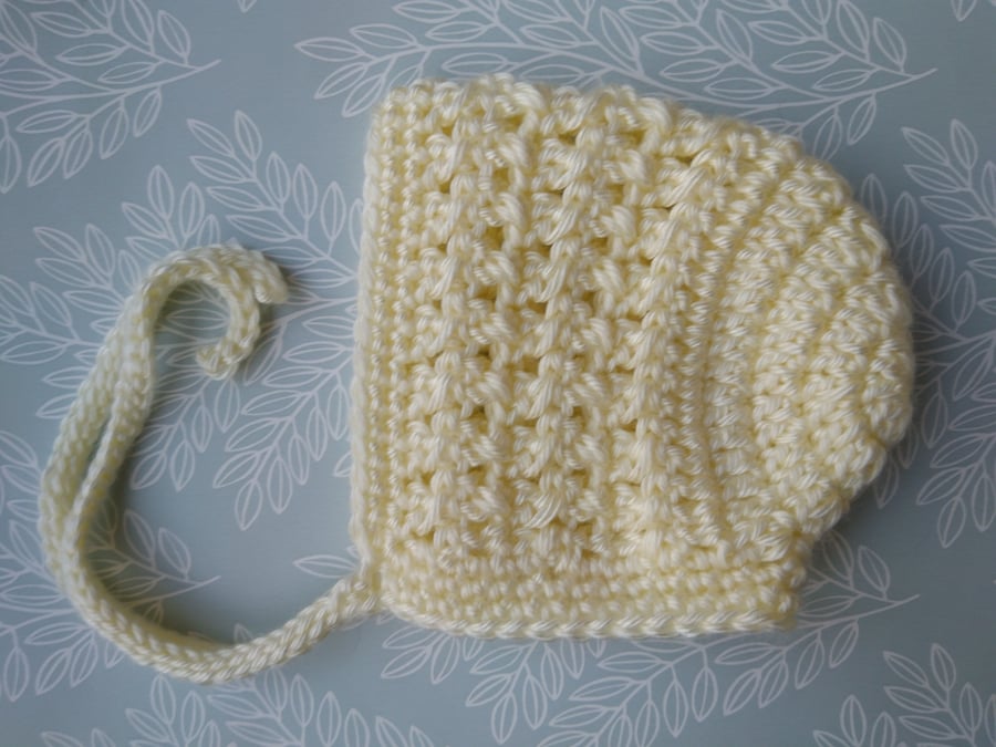 Cream Crochet Baby Bonnet, Baby Girl Tie Strap Bonnet, Sizes Newborn - 18 Months