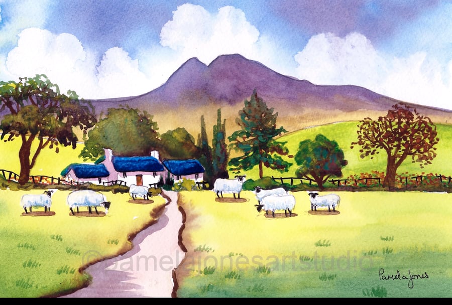 Watercolour Print, Cottage, Sheep, The Brecon Beacons, in 8 x 6'' Mount