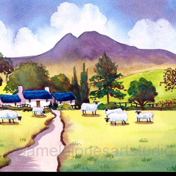 Watercolour Print, Cottage, Sheep, The Brecon Beacons, in 8 x 6'' Mount