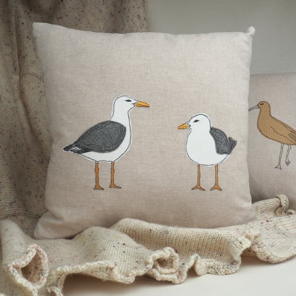 Cushion Seagull Nature Wildlife Seabird Freehand Machine Embroidered