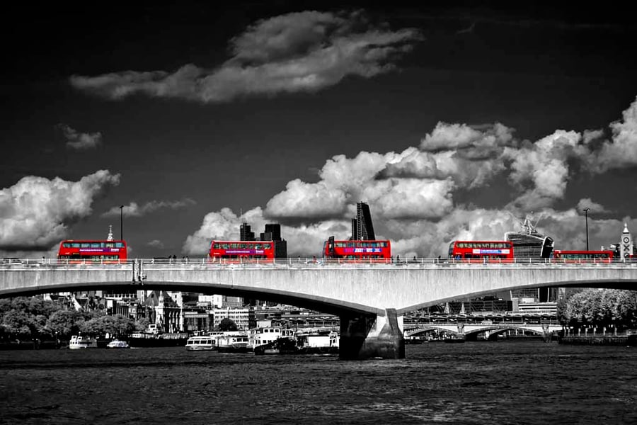 Red London Buses Waterloo Bridge England Photograph Print
