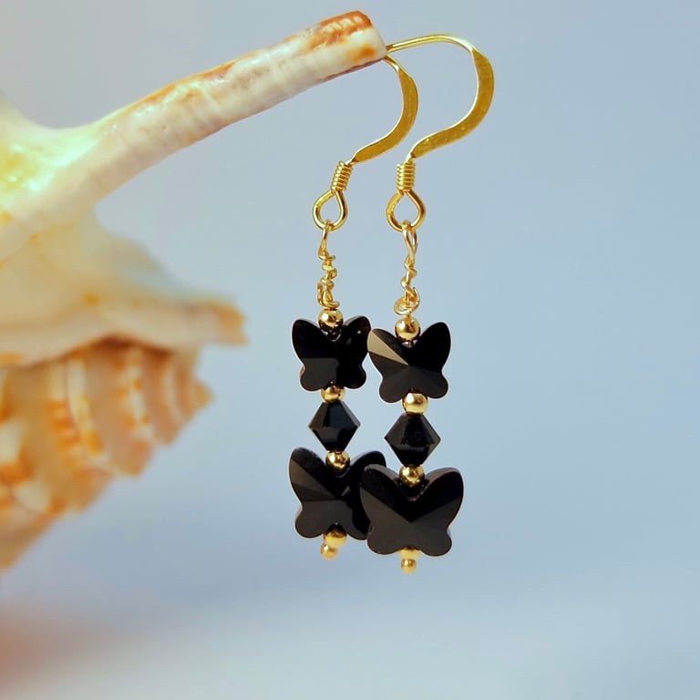Butterfly Earrings, Black & Gold, Anniversary Gift, Birthday, Stocking Filler
