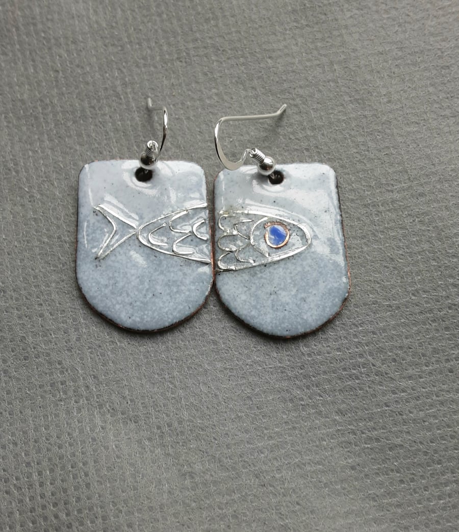 GORGEOUS ENAMELLED EARRINGS WITH STERLING SILVER FISH