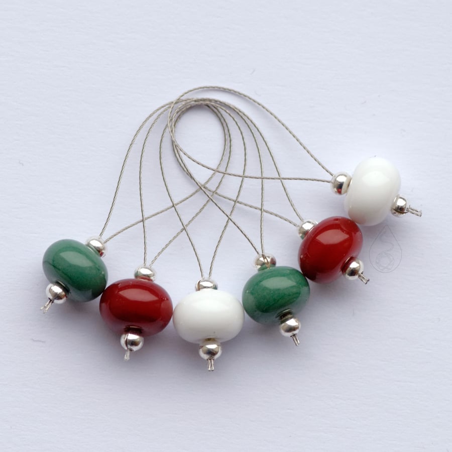 Lampwork Stitch Markers - Christmas Colours